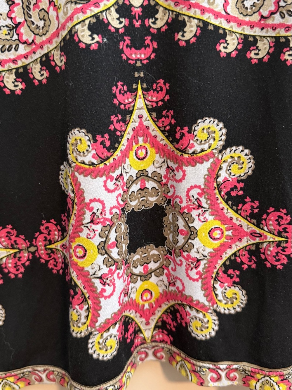 Susan Graver Black V-Neck Long Sleeve Paisley Top with Pink and Yellow Accents - Picture 2 of 6
